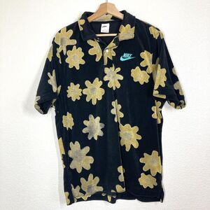 Nike Polo Shirt Mens Small Black Gold Floral Terry Embroidered Swoosh Logo funky